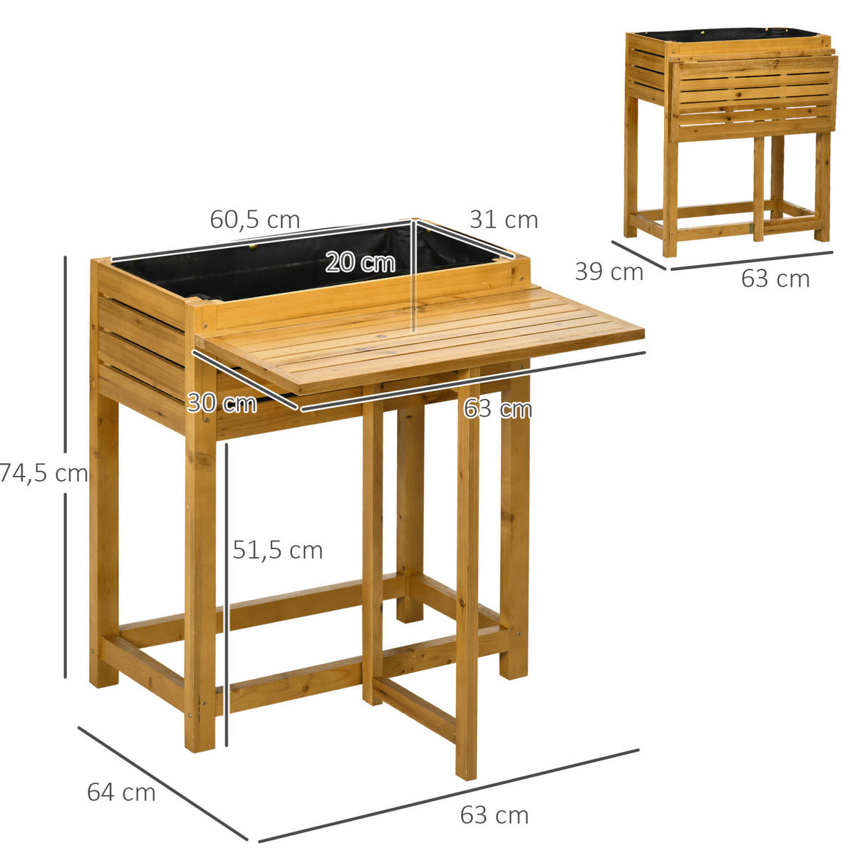 TRUHLÍK na kvety z dreva, 64/63/74,5 cm hnedý, skladací s pracovnou plochou - hnedá, drevo (63/74.5/64cm) - BEAOK