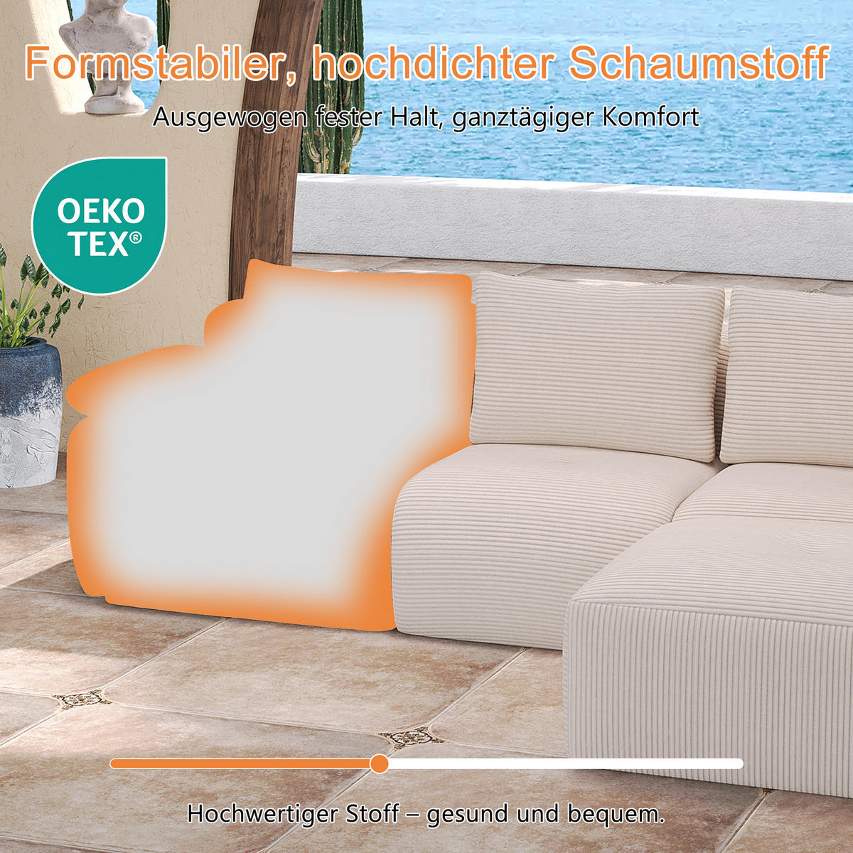 ECKSOFA,3-SITZER-SOFA, Stoffsofa L Form Cordstoff mit Hocker,Beige - Beige, Textil (264/89cm) - PARAFTA HOME