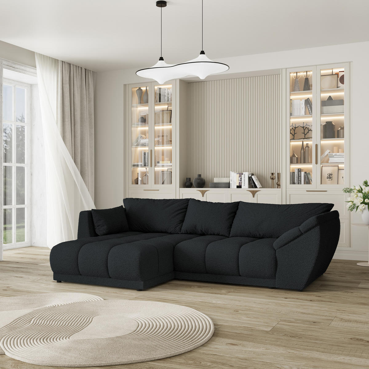 ECKSOFA ORENTI L-S Schwarz Boucle-Stoff mit Schlaffunktion - Schwarz, Holz (287/182cm) - MASSENO