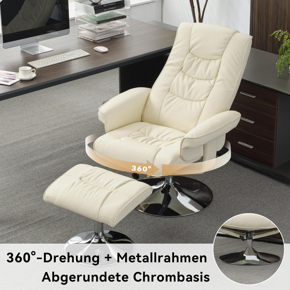 MASSAGESESSEL PU-Leder mit Fußhocker 79/79/106 cm Beige - Beige, Kunststoff (79/106/79cm) - Redom