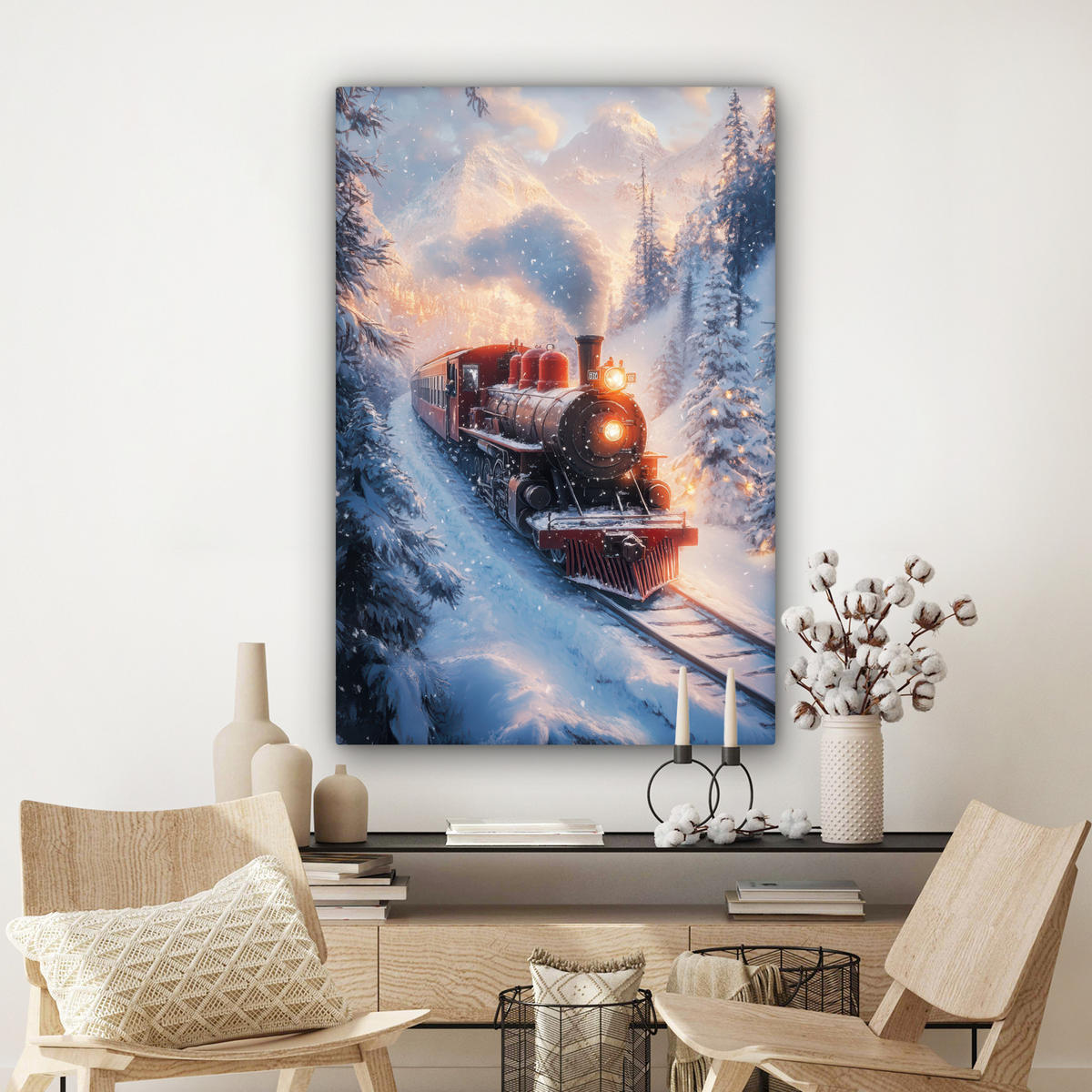 LEINWANDBILD Weihnachtszug - Schnee - Winter - Weihnachten 90x140 cm - Dunkelrot, Textil (90/140cm) - MuchoWow