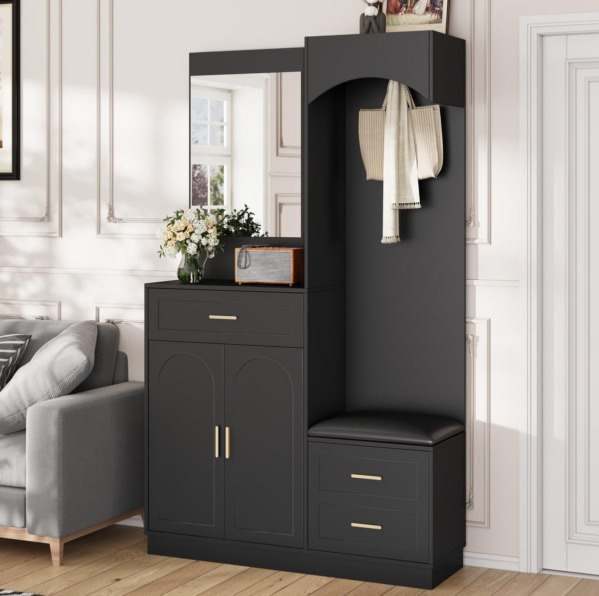 KOMPAKTGARDEROBE 110/33/185,5 cm aus MDF mit Spiegel und Schuhbank Schwarz - Schwarz, Holzwerkstoff (110/185.5/33cm) - Modenvie