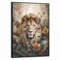 LEINWAND Bilder mit Rahmen - Löwe - Wildtiere - Pflanzen - Natur - Blumen - 50x70 - Beige, Textil (50/70cm) - MuchoWow