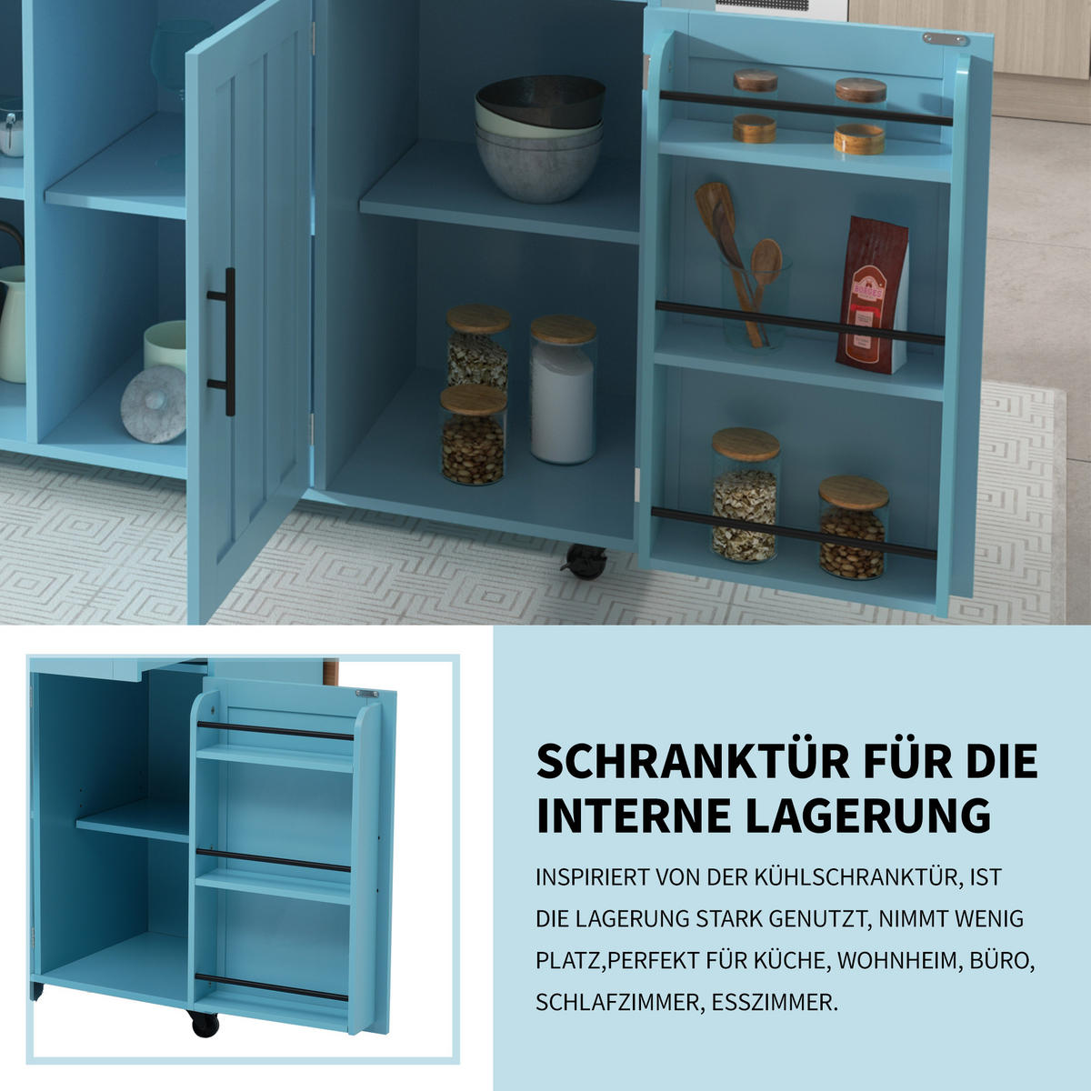 KÜCHENINSEL 129/46/91,5 cm blau aus MDF mit klappbarer Arbeitsplatte - Blau, Holzwerkstoff (120/91.5/46cm) - OKWISH