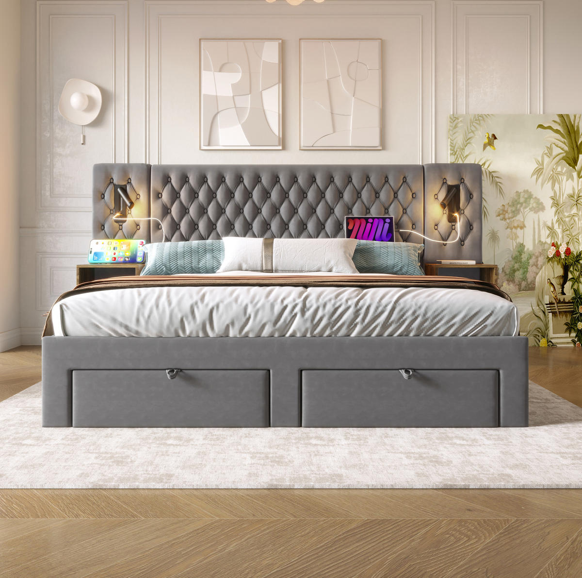 POLSTERBETT 180/200 cm Grau aus Samt mit Nachttischen - Grau, Textil (180/200cm) - OKMYHOME