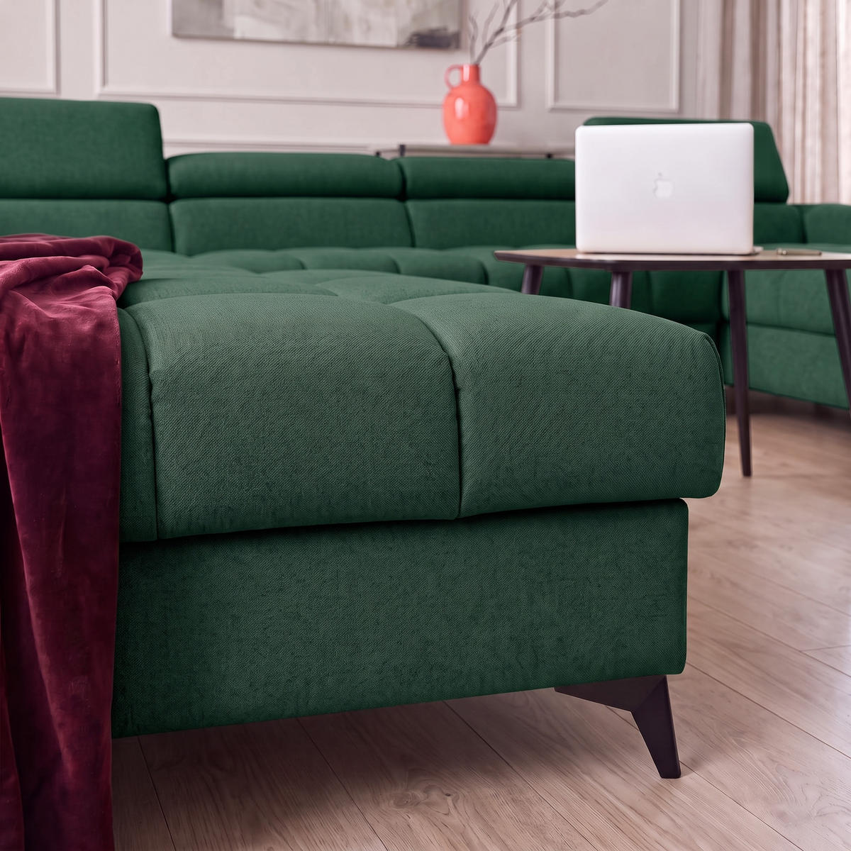 ECKSOFA PUDDING U Rechts mit Schlaffunktion 125x260 Velours Grün - Schwarz/Grün, Holz/Textil (350/203cm) - Muffo