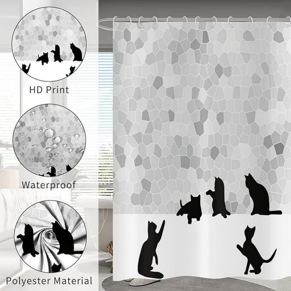 DUSCHVORHANG Schwarz Grau Katze Mosaik Badewanne Polyester waschbar mit Haken - Weiß, Textil (180/200cm) - MCBOSON