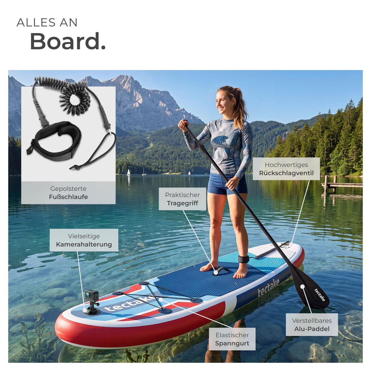 STAND-UP PADDLE BOARD Poseidon, Belastbarkeit 200 kg, inklusive Kajak-Sitz, rot/blau - Rot, Kunststoff (288/77/0.23cm) - tectake