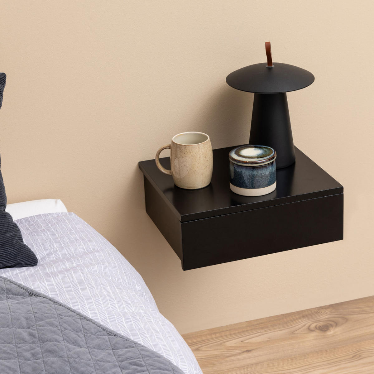 WAND-NACHTISCH mit 1 Schublade aus Holz - PUERTO - Schwarz - Schwarz, Holz (37/13/32cm) - Drawer