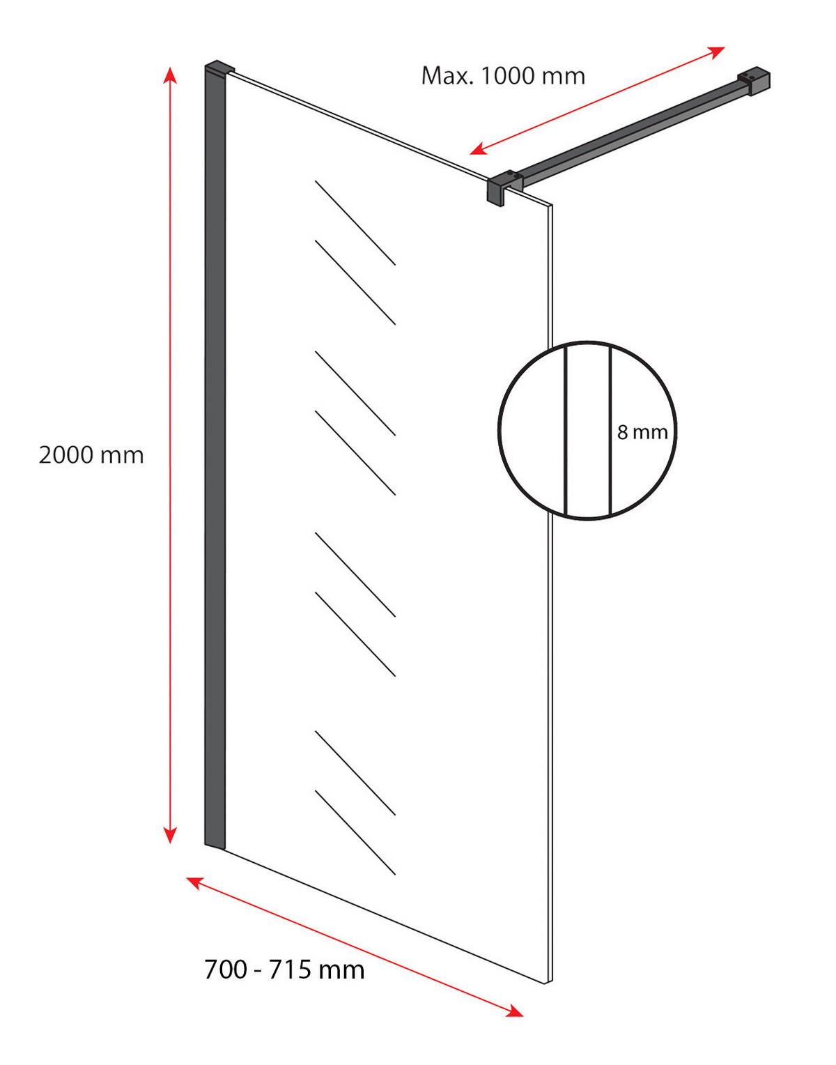 DUSCHWAND Florida - 70 x 200 cm - Schwarz - Walk-In Duschabtrennung aus Sicherheitsglas - Schwarz, Glas (70/200cm) - Badplaats