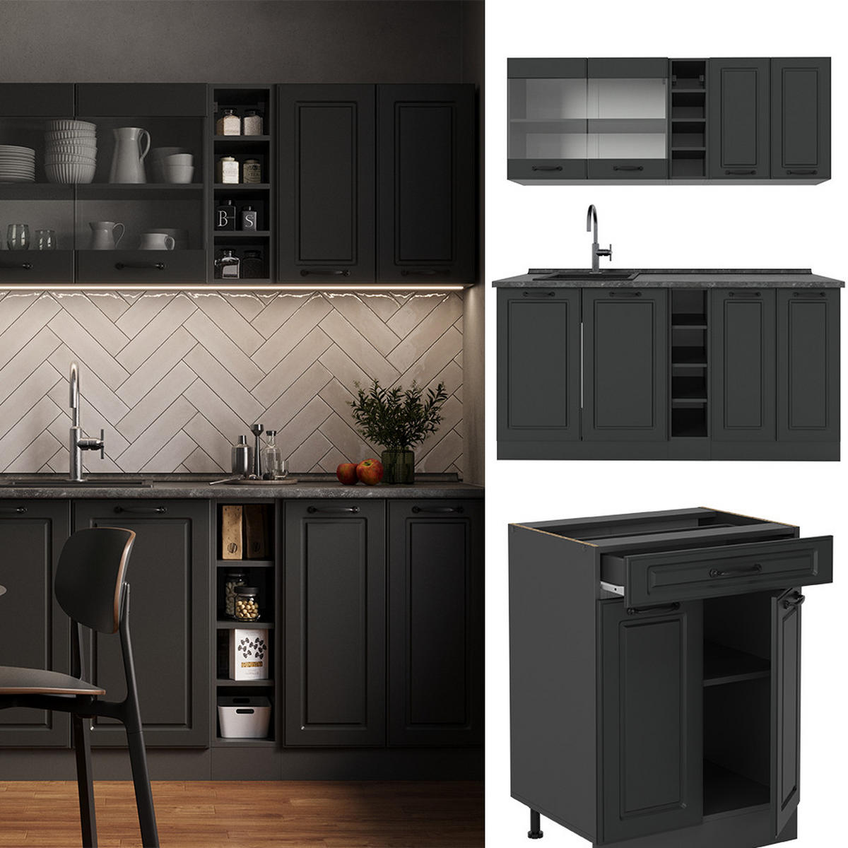 SINGLEKÜCHE R-Line Anthrazit Landhaus/Anthrazit 160 cm ohne Arbeitsplatte - Dunkelgrau/Anthrazit, Holzwerkstoff (160/81.6/46cm) - Vicco
