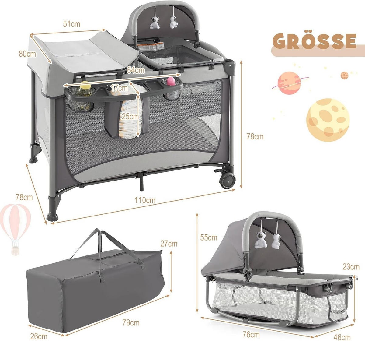 BABYBETT Grau - Grau, Metall - COSTWAY