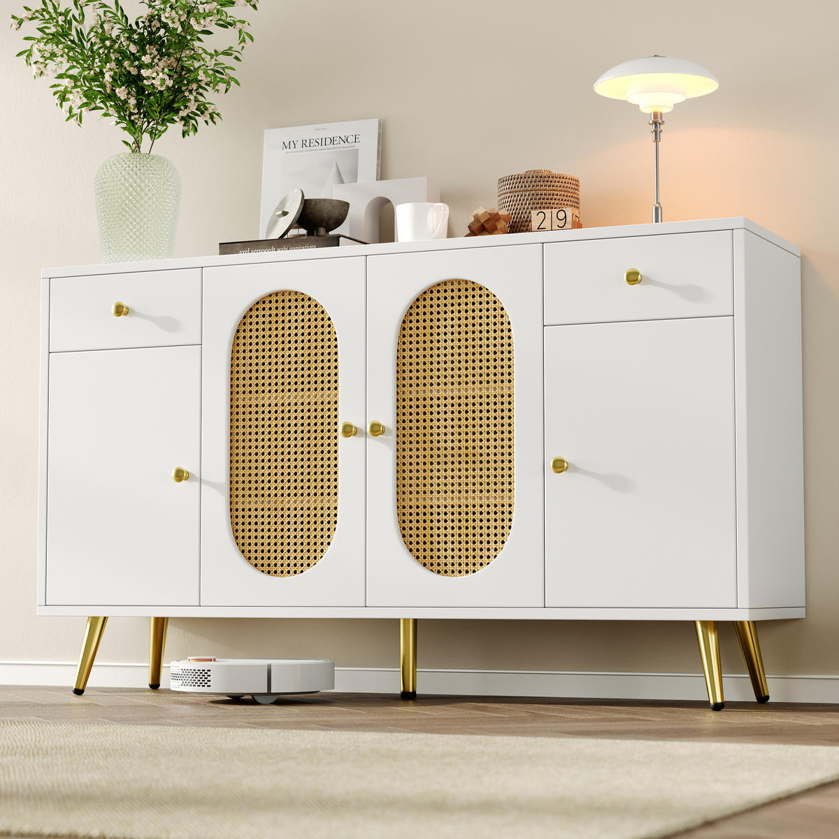 KOMMODE Sideboard 4 Türen Weiß Natur 140x35x82cm - Multicolor, Holzwerkstoff (35/82/140cm) - FLIEKS