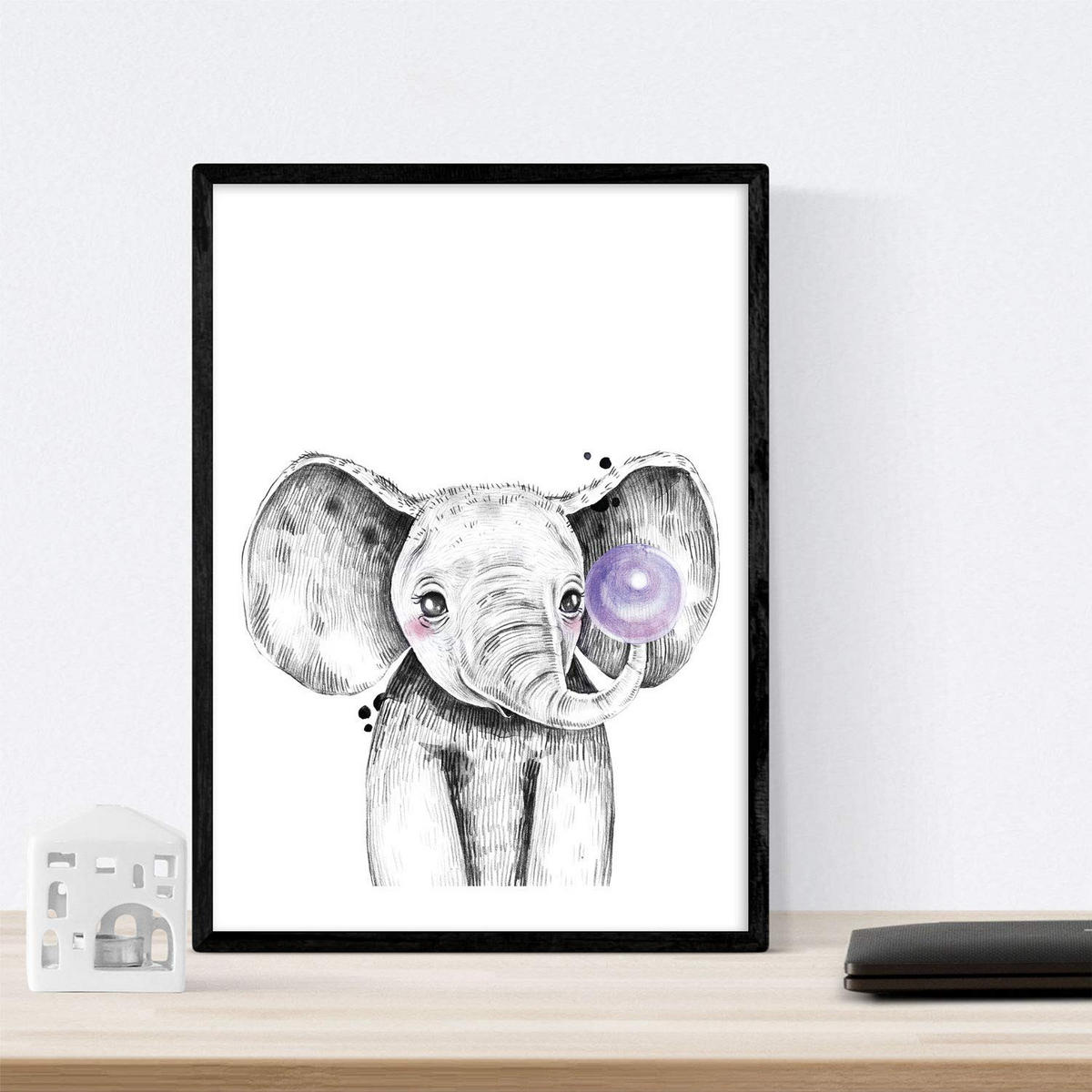 POSTER Set Mit 6 Tiere Babys Mit Kaugummi Hirschschwein Elefant Zorro Bär Hund A4 Schwarzer Rahmen - Schwarz, Papier (29/3cm) - Nacnic