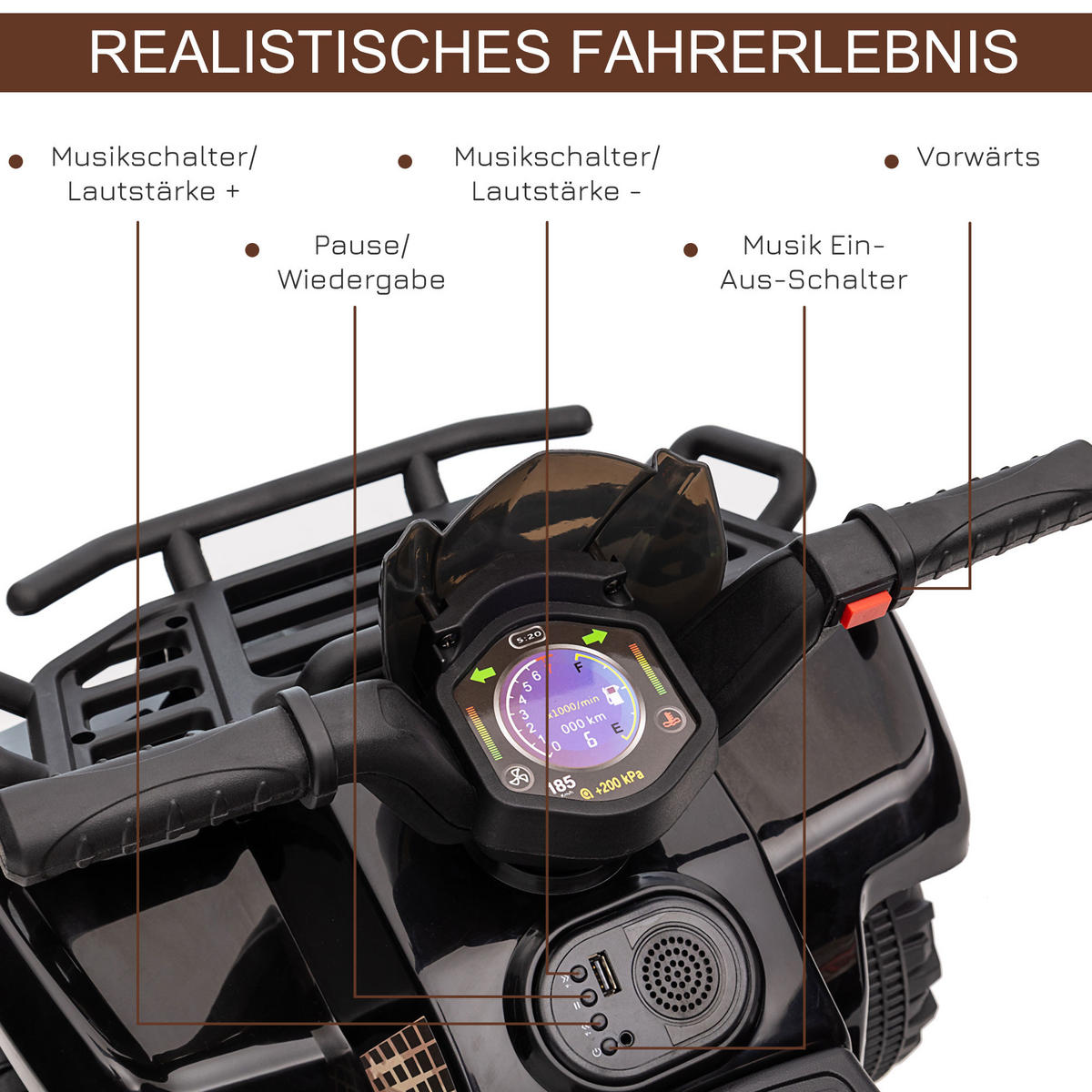 MINI ELEKTRO-QUAD KINDER, Schwarz/Grün/Rosa/Rot, Metall+ PP-Kunststoff - Schwarz, Metall (70/42/45cm) - HOMCOM