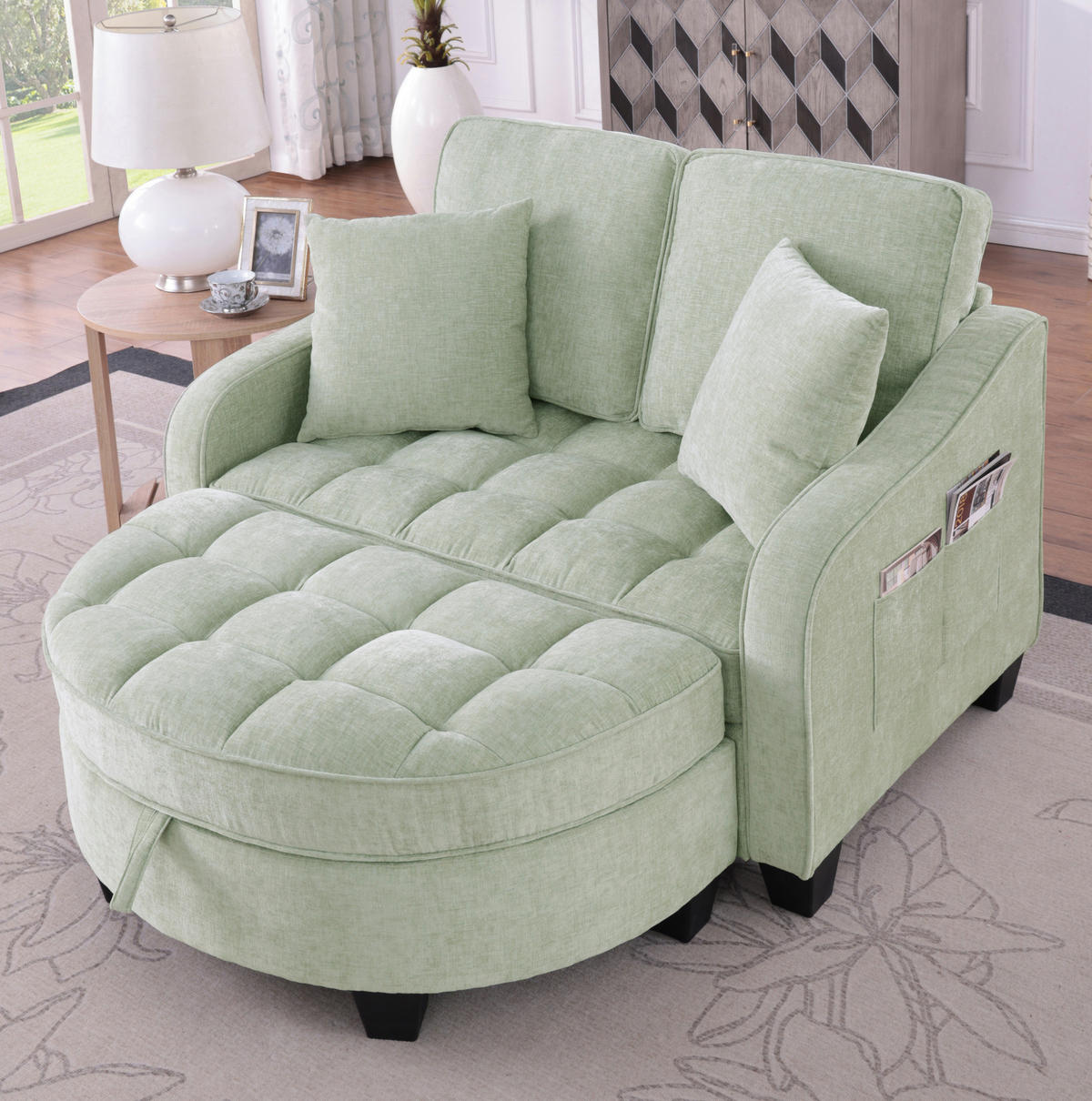 SCHLAFSOFA 132/129/93 cm aus Eukalyptusholz mit Aufbewahrungshocker Cyan - Türkis, Holz (129/93/132cm) - Modenvie