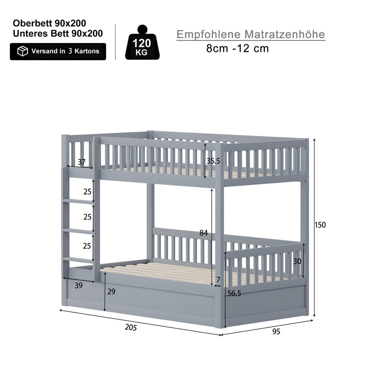ETAGENBETT 90/200 cm Grau aus Massivholz mit hydraulischem Stauraum - Grau, Holzwerkstoff (90/200cm) - Flora Grace