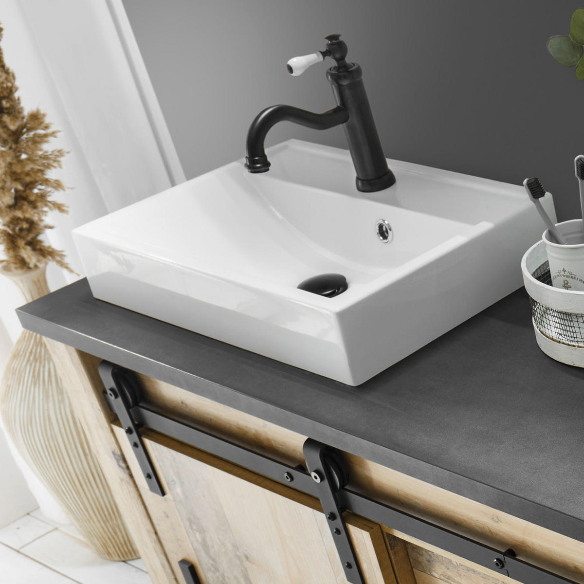 BADMÖBEL-SET 5-teilig, Used Wood hell, anthrazit, Badkombination mit Waschbecken LED Spiegellampe - Eichefarben/Anthrazit, Holzwerkstoff/Metall (208/210/43cm) - Furn.Design