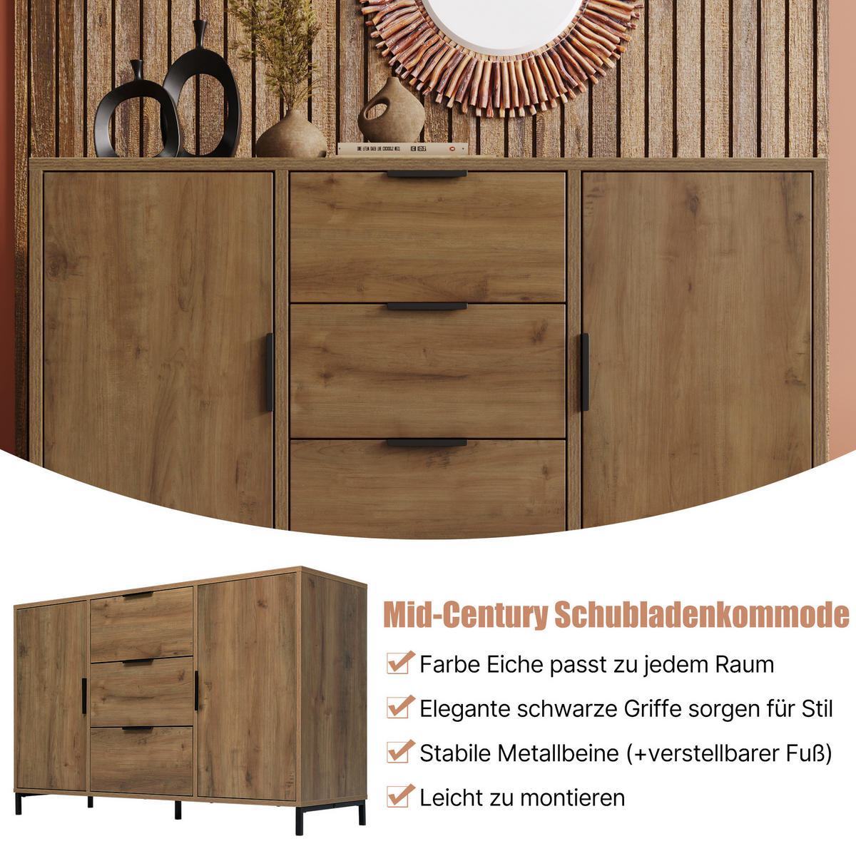 KOMMODE 120/40/76 cm in Dunkle Eiche mit 2 Türen, 3 Schubladen und Metallgestell - Mooreichefarben, Holzwerkstoff (120/76/40cm) - BEAOK