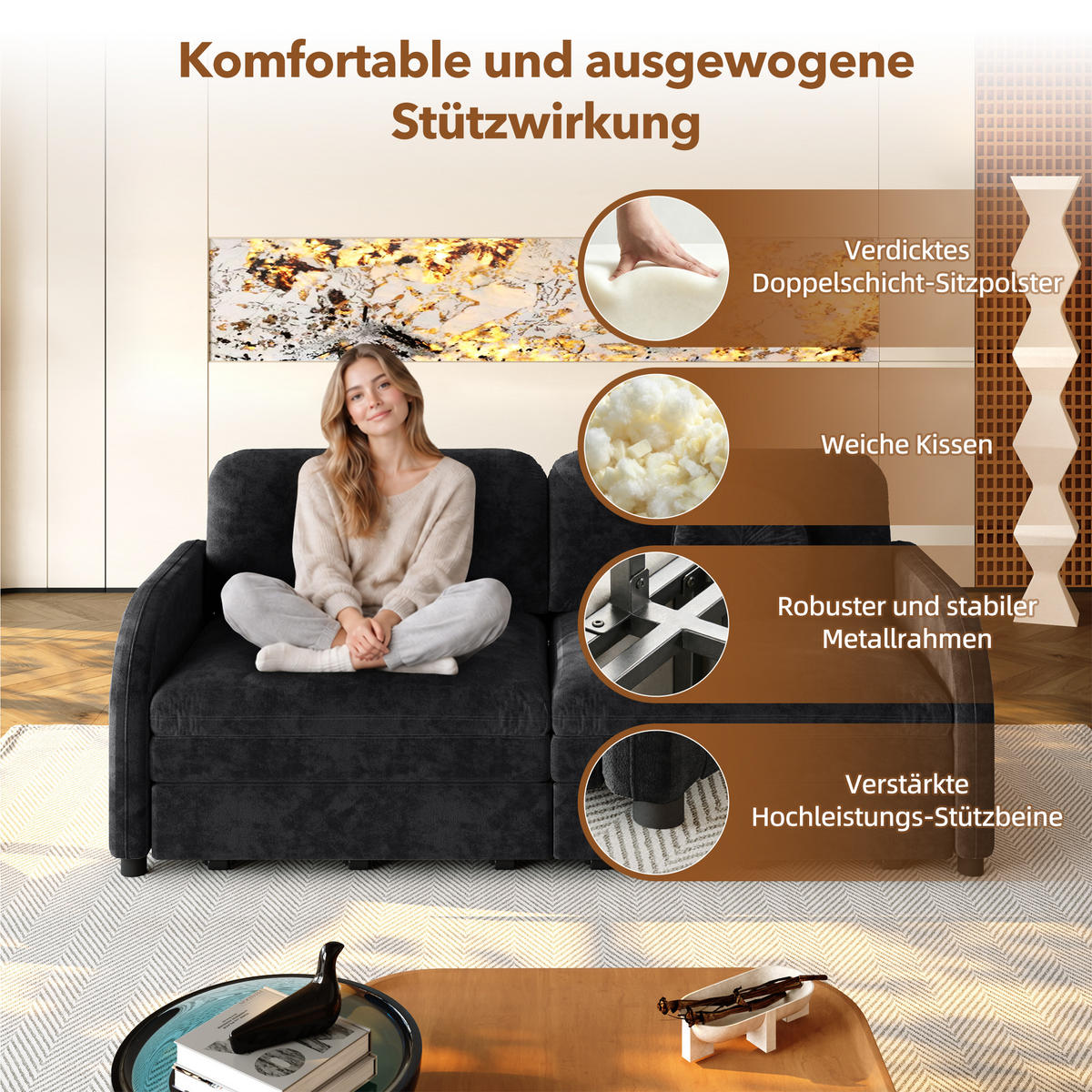 SCHLAFSOFA 166/84/90 cm Schwarz Chenille mit losen Kissen und Stautaschen an beiden Seiten - Schwarz, Textil (84/90/166cm) - Oxeza