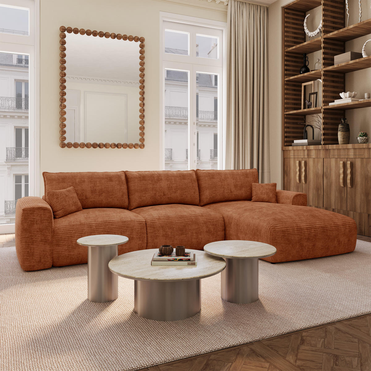 ECKSOFA rechtwinklig COMO Cord Terrakotta 297cm - Dunkelorange/Terracotta, Textil (297/167cm) - Premium Interiors