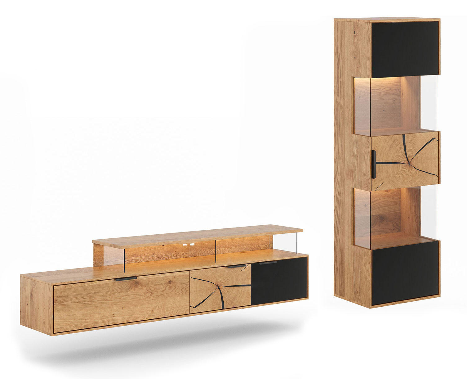 WOHNWAND Tirano 2er-Set Eiche Natur / Schwarz / Hirnholz - Eichefarben/Multicolor, Holz/Metall (243/142/39cm) - Feldmann-Wohnen