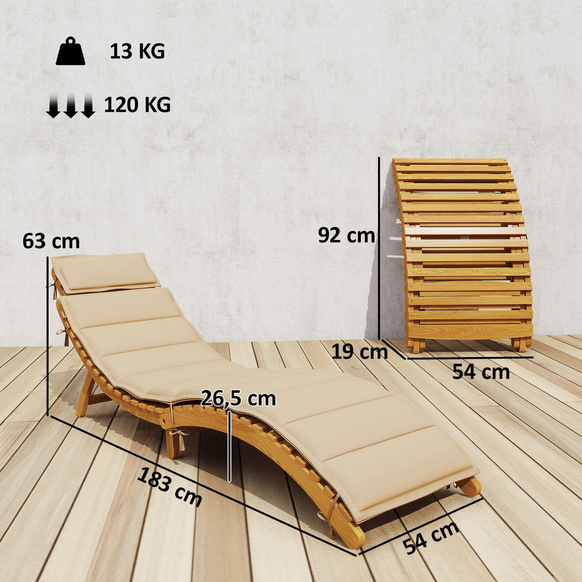 SONNENLIEGE aus Akazienholz Polyester Beige - Beige/Akaziefarben, Holz/Textil (54/63/183cm) - Outsunny