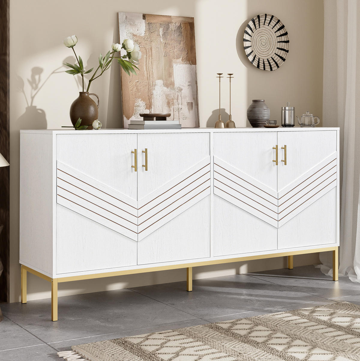 SIDEBOARD 160/40/80,5 cm in Weiß mit 4 Türen und verstellbaren Einlegeböden - Weiß, Holzwerkstoff (40/80.5/160cm) - Flora Grace