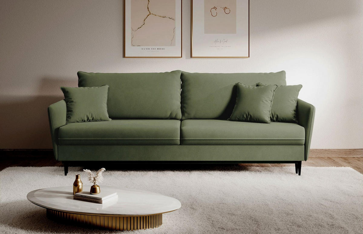 3-SITZER SCHLAFSOFA Volio Samt Olivgrün - Schwarz/Olivgrün, Textil/Metall (221/90/100cm) - Selsey