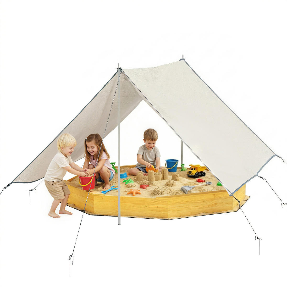 SANDKASTEN DE-18759 achteckig mit Sonnensegel & 4 Bänken Gelb - Gelb, Holzwerkstoff (214.5/214.5/22.5cm) - ComfortXL