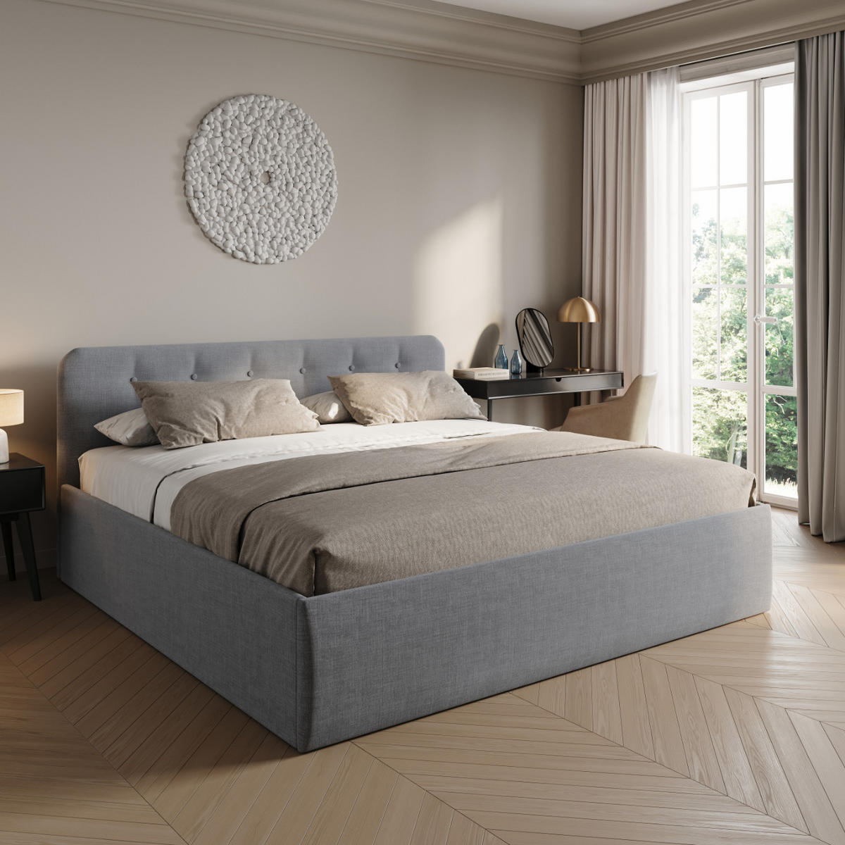 POLSTERBETT mit verstellbarem Lattenrost & Bettkasten, Bonnell-Matratze, 200 x 200 cm in Grau - Grau, Holzwerkstoff/Textil (200/200cm) - Home Collective