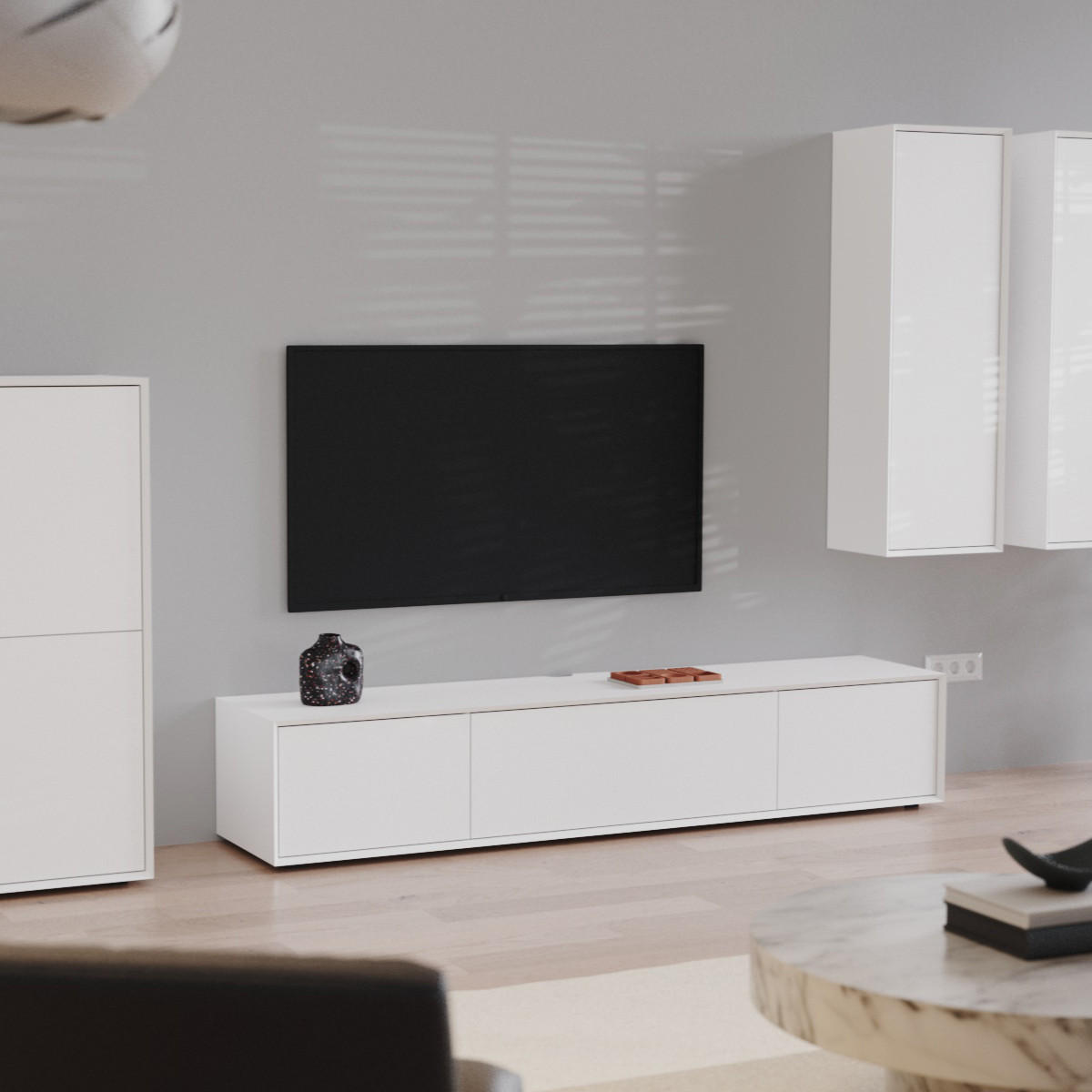 TV-MÖBEL mit 3 Absenkungen 43/200/36 cm - Weiß, Holzwerkstoff (43/36/46.5cm) - Calicosy