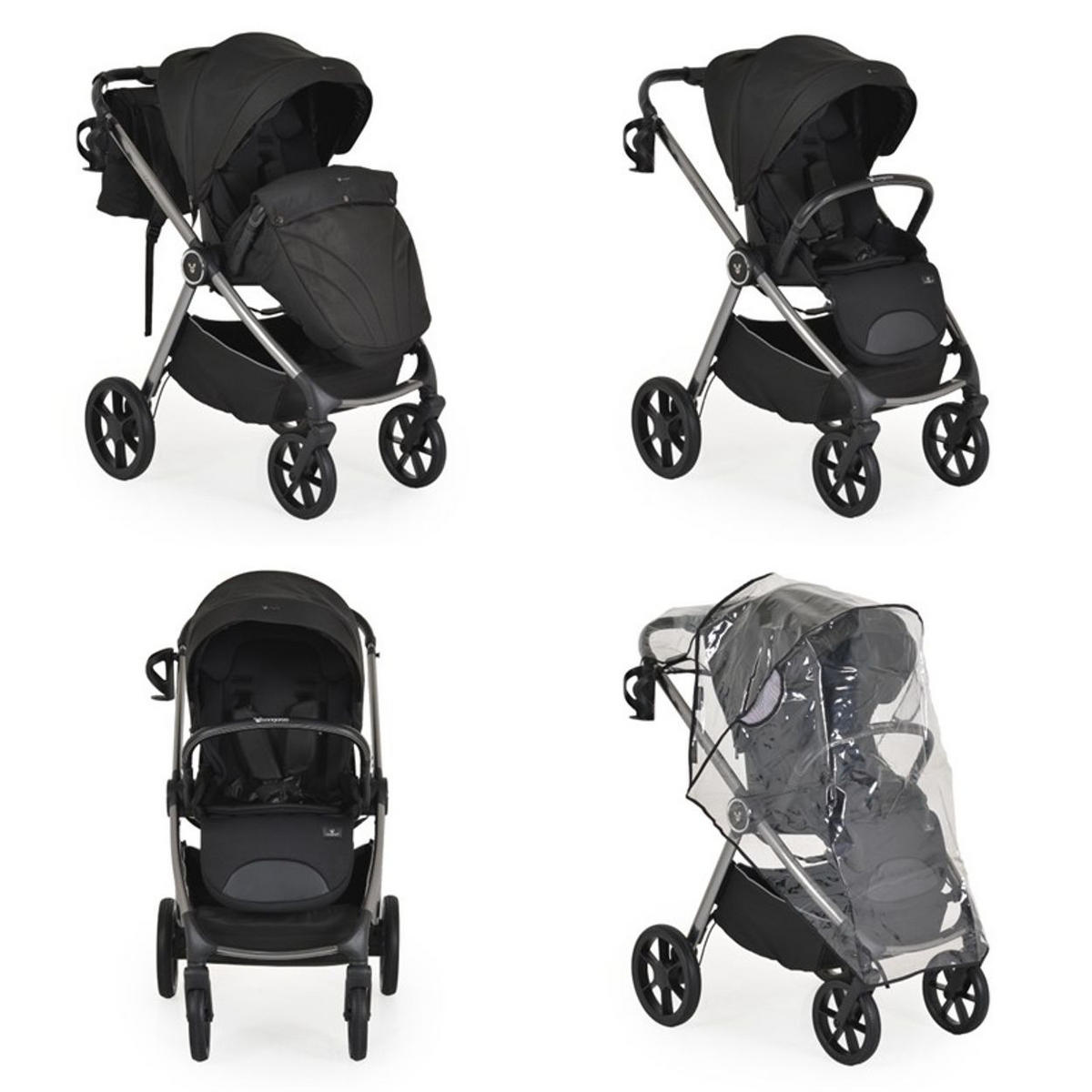 KOMBIKINDERWAGEN Unique 3 in 1 schwarz Babyschale Stoßdämpfer PU-Räder Tasche - Schwarz, Metall (75/59/104cm) - Cangaroo