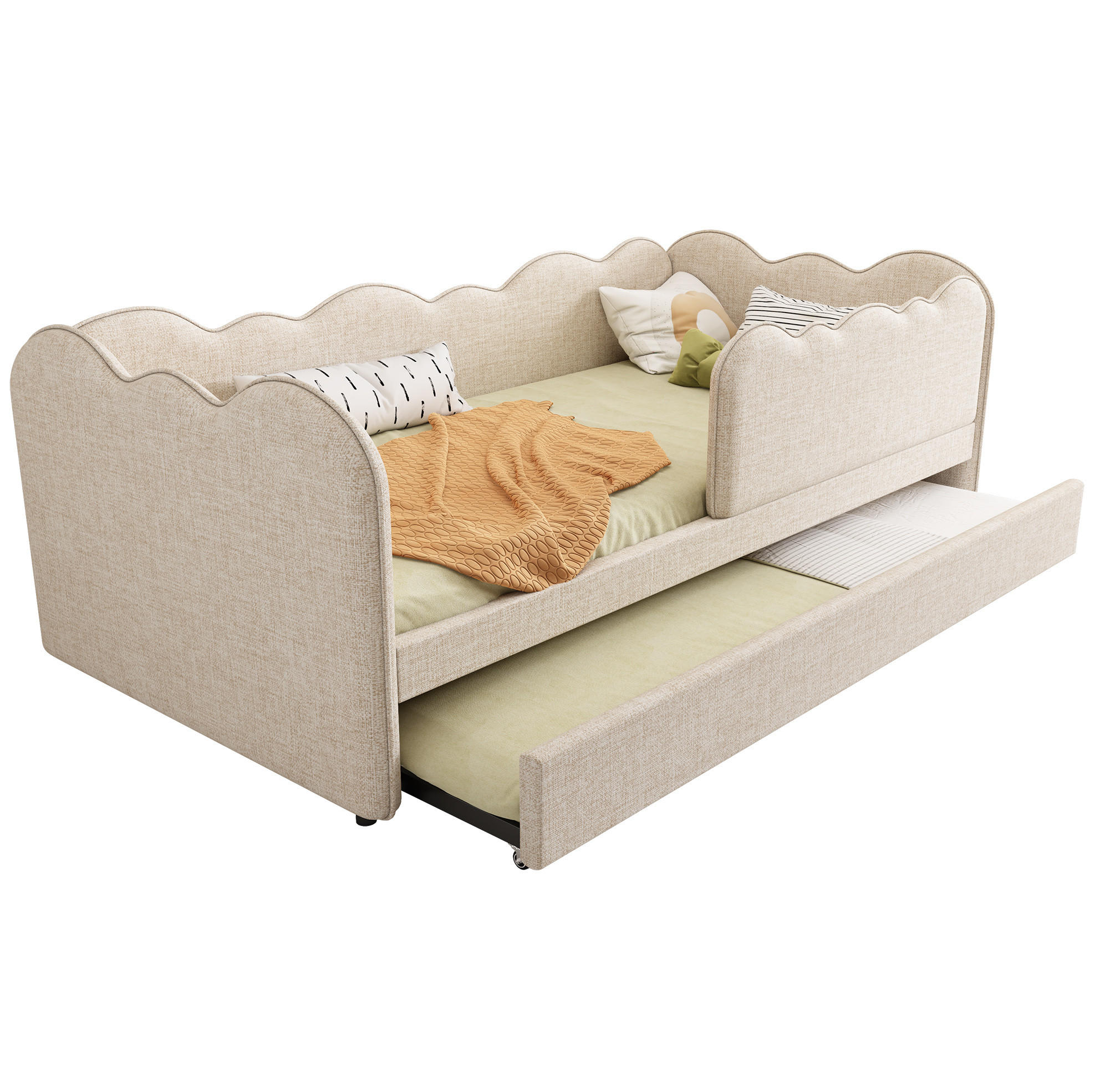 TAGESBETT mit Ausziehbett 90/190 cm, Beige, Leinen - Beige, Textil (90/190cm) - MIVRAY