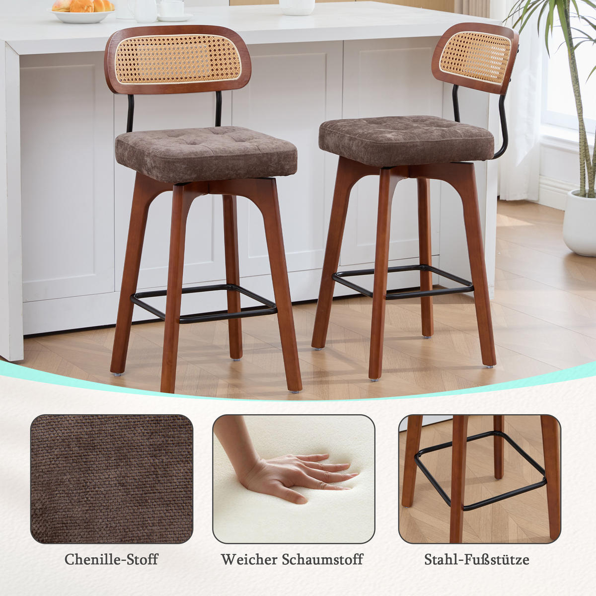 BARHOCKER 2er Set, 360° drehbar, Wiener Geflecht/Chenille, 67,5cm Sitzhöhe, Kaffeebraun - Wildeiche/Dunkelbraun, Holz/Textil (44/96/51cm) - LVHOM