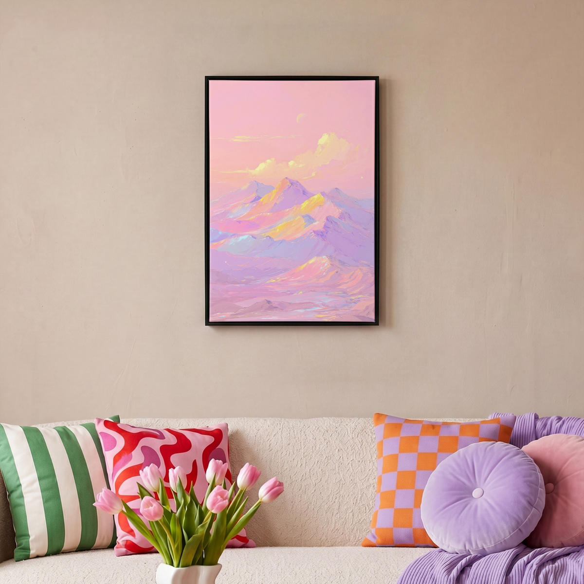 LEINWAND Bilder mit Rahmen - Berggipfel - Wolken - Verträumt - 40x60 - Hellrosa, Textil (40/60cm) - MuchoWow