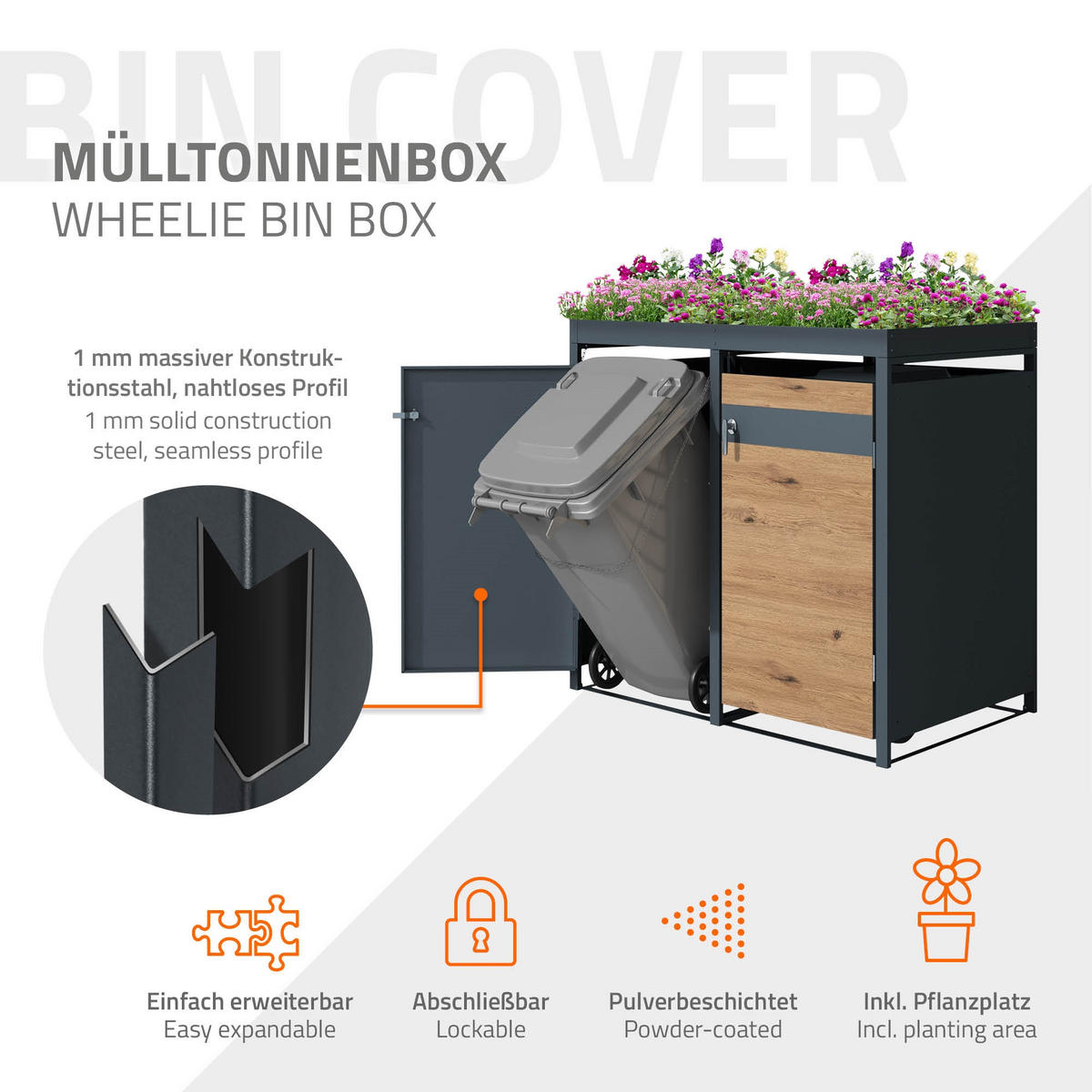 MÜLLTONNENBOX 4er mit Pflanzdach Anthrazit-Eichenoptik - Braun, Metall (80/124/264cm) - ML-DESIGN