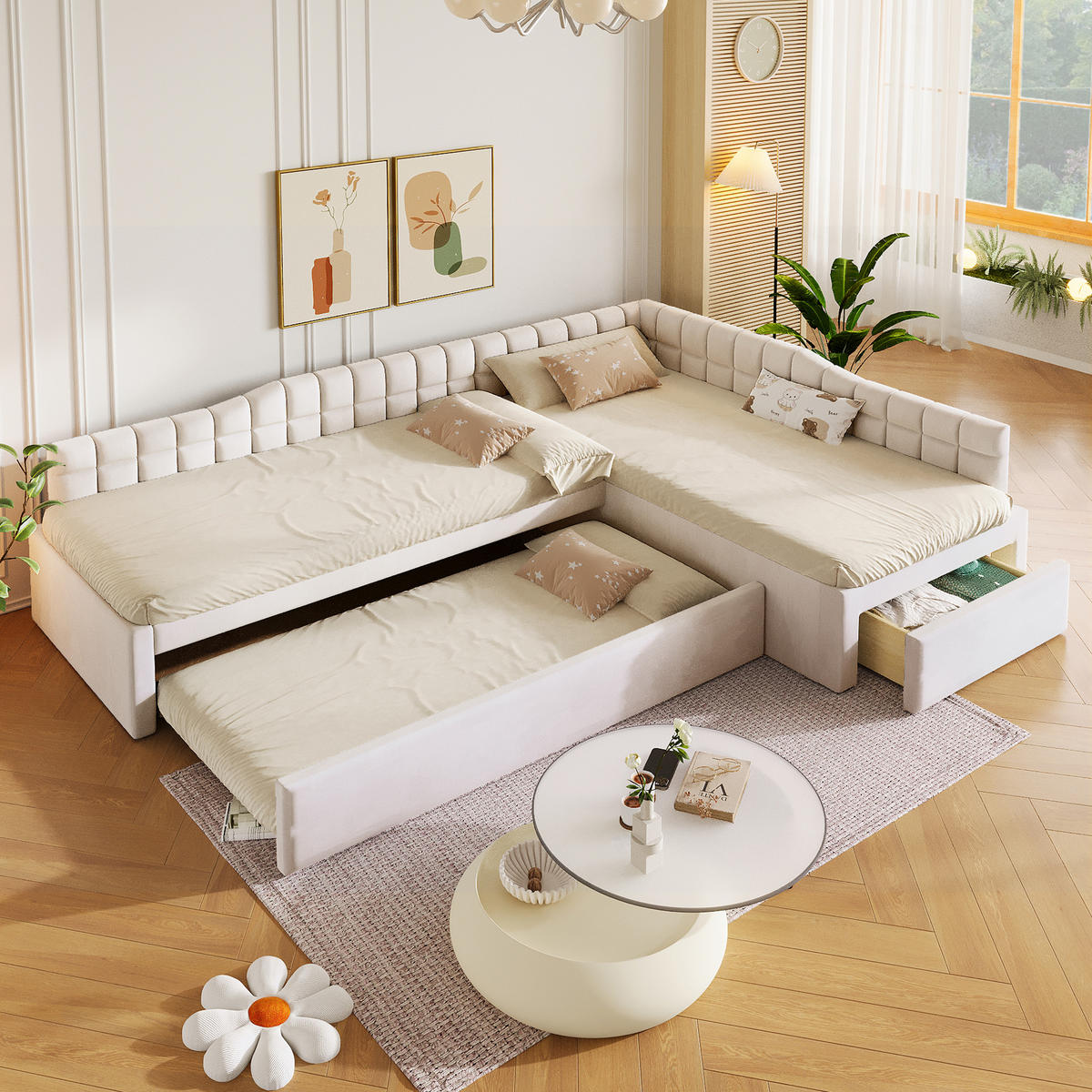 POLSTERBETT 90/200 cm & 90/200 cm in Beige mit Ausziehbett, Schubladen und Samtbezug - Beige, Holzwerkstoff/Textil (90/200cm) - STILVORA