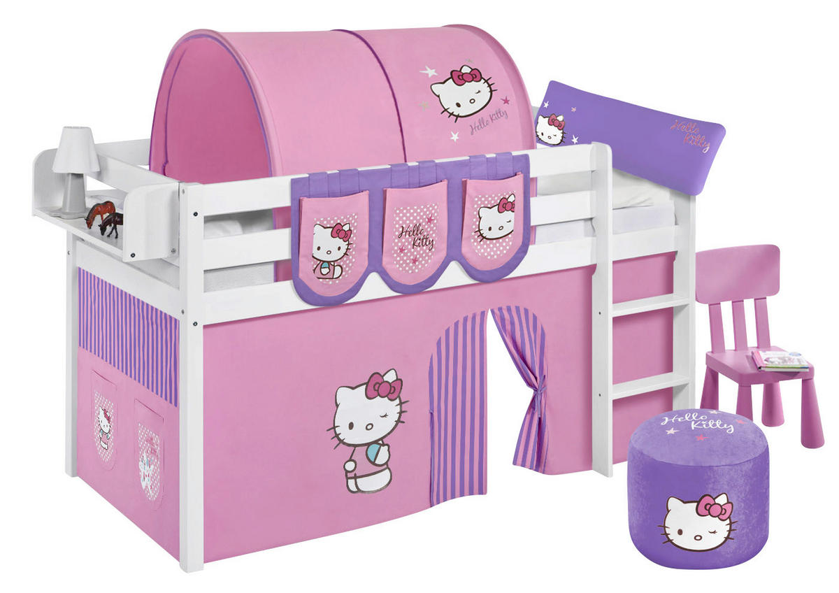 HOCHBETT Jelle mit HELLO KITTY Vorhang - Kinderbett - Weiß, Holz - Lilokids