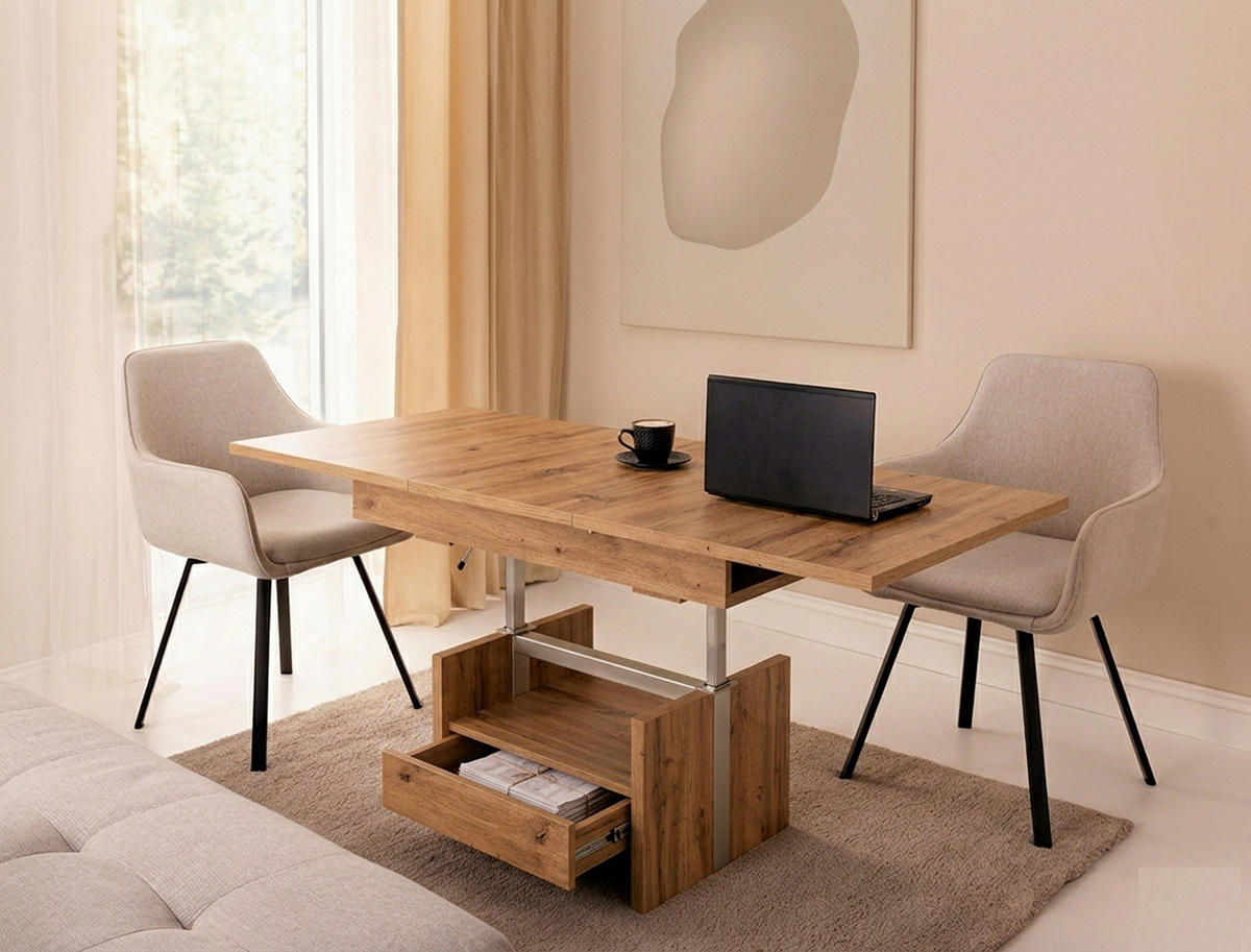 COUCHTISCH rechteckig ausziehbar höhenverstellbar Schubalde 110/64/56 cm - Eiche Artisan, Holzwerkstoff (65/110/56cm) - designimpex
