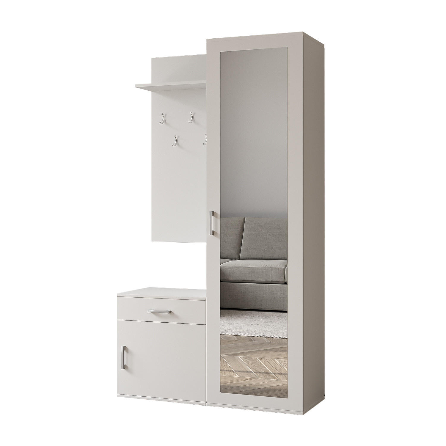 GARDEROBE Patricia 100 cm mit Spiegel, mit Schuhschrank und Schublade, weiß - Weiß, Kunststoff (100/181/35cm) - Margaret Hadas24