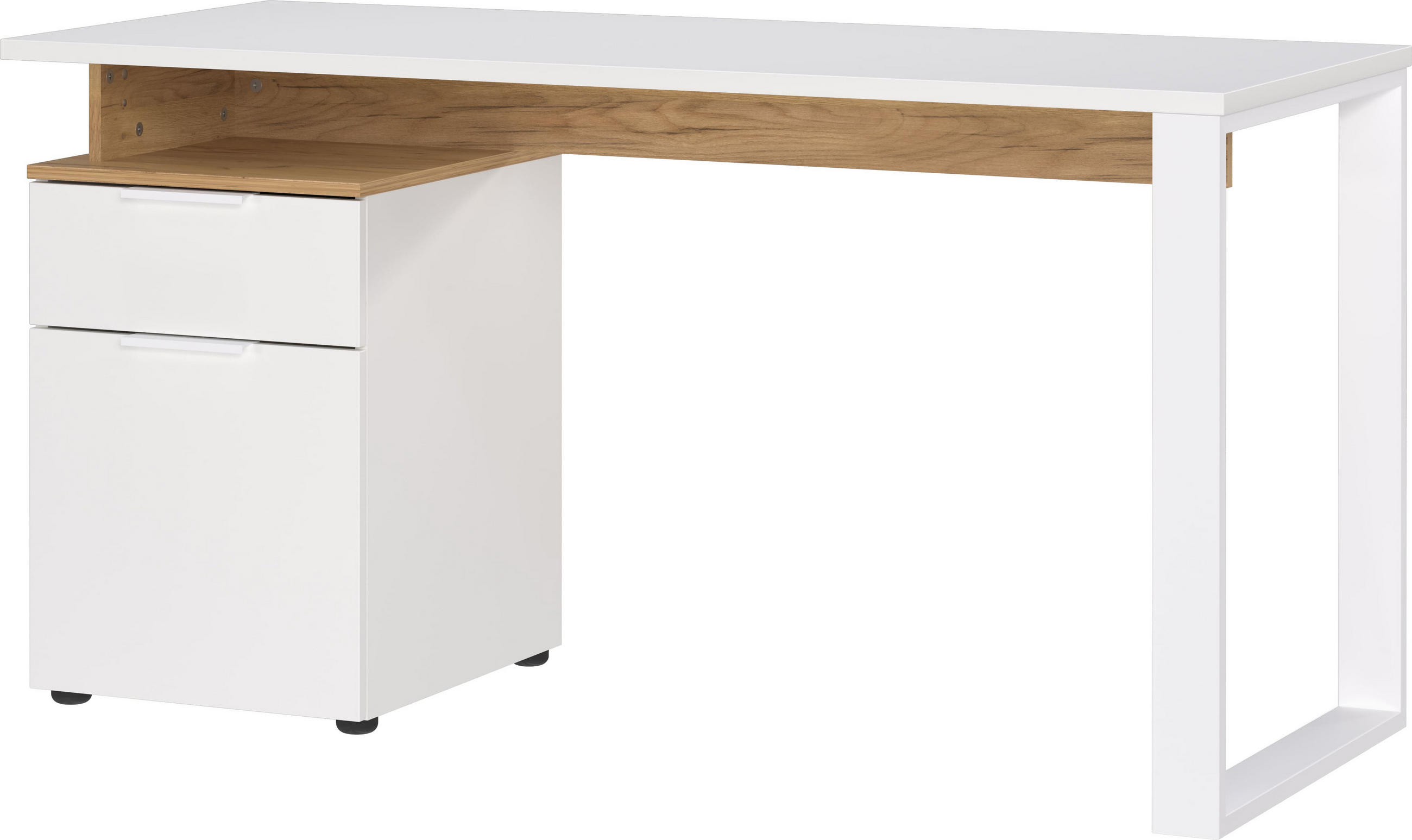 SCHREIBTISCH – Weiß/Beige, 140x61x74 cm, mit Container, stoßfest, Metallkufen - Weiß, Holz/Metall (61/140/74cm) - KADIMA DESIGN
