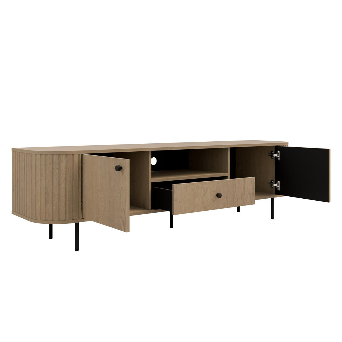 LOWBOARD Halay Eiche Cremona, 2 Türen & 1 Schublade Moderne Rillenstruktur 180,6 cm - Eichefarben/Schwarz, Holzwerkstoff/Metall (180.6/50/42.3cm) - AX Living