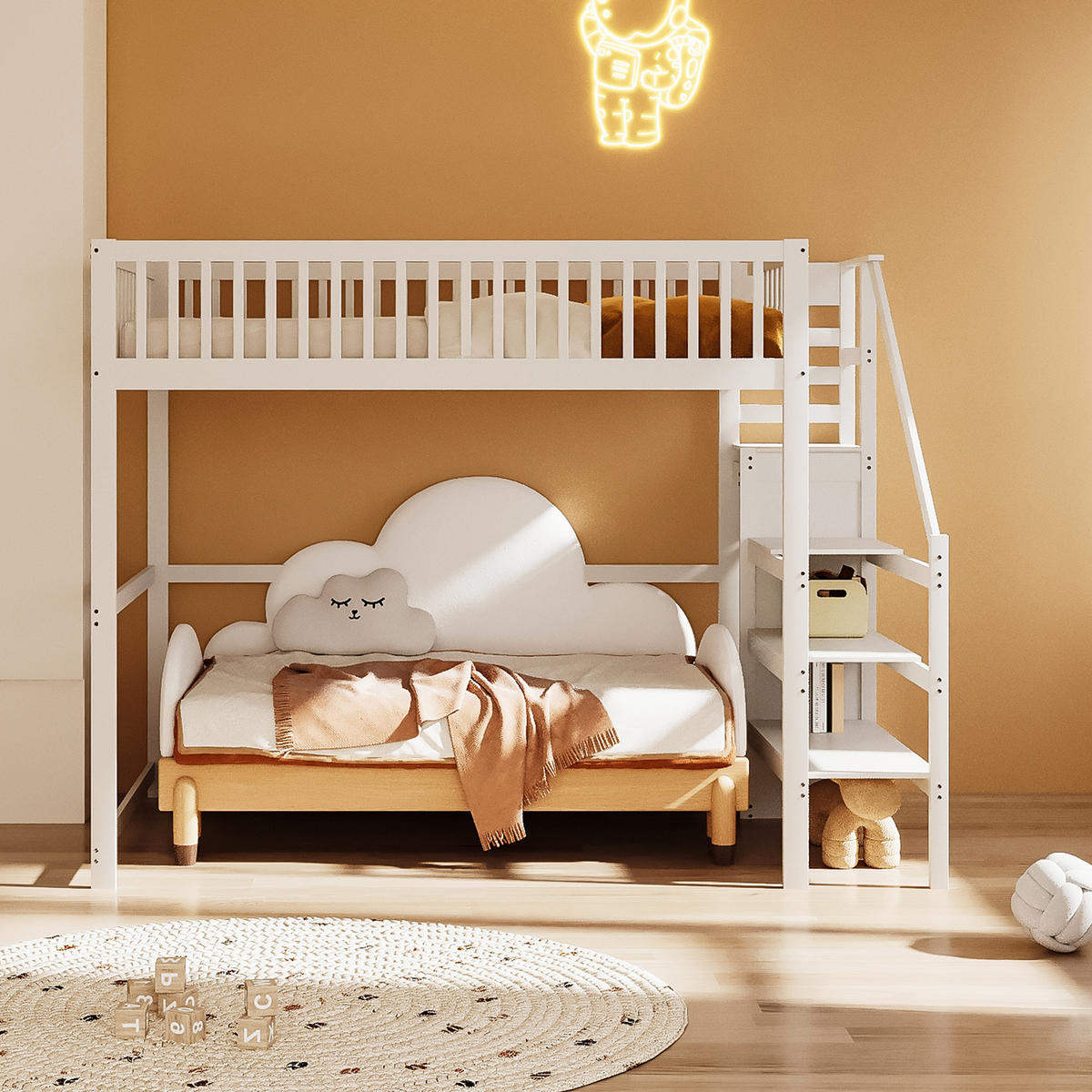 HOCHBETT 140/200 cm weiß Kinderbett aus Kiefernholz mit Kleiderschrank - Weiß, Holz (140/200cm) - OKWISH