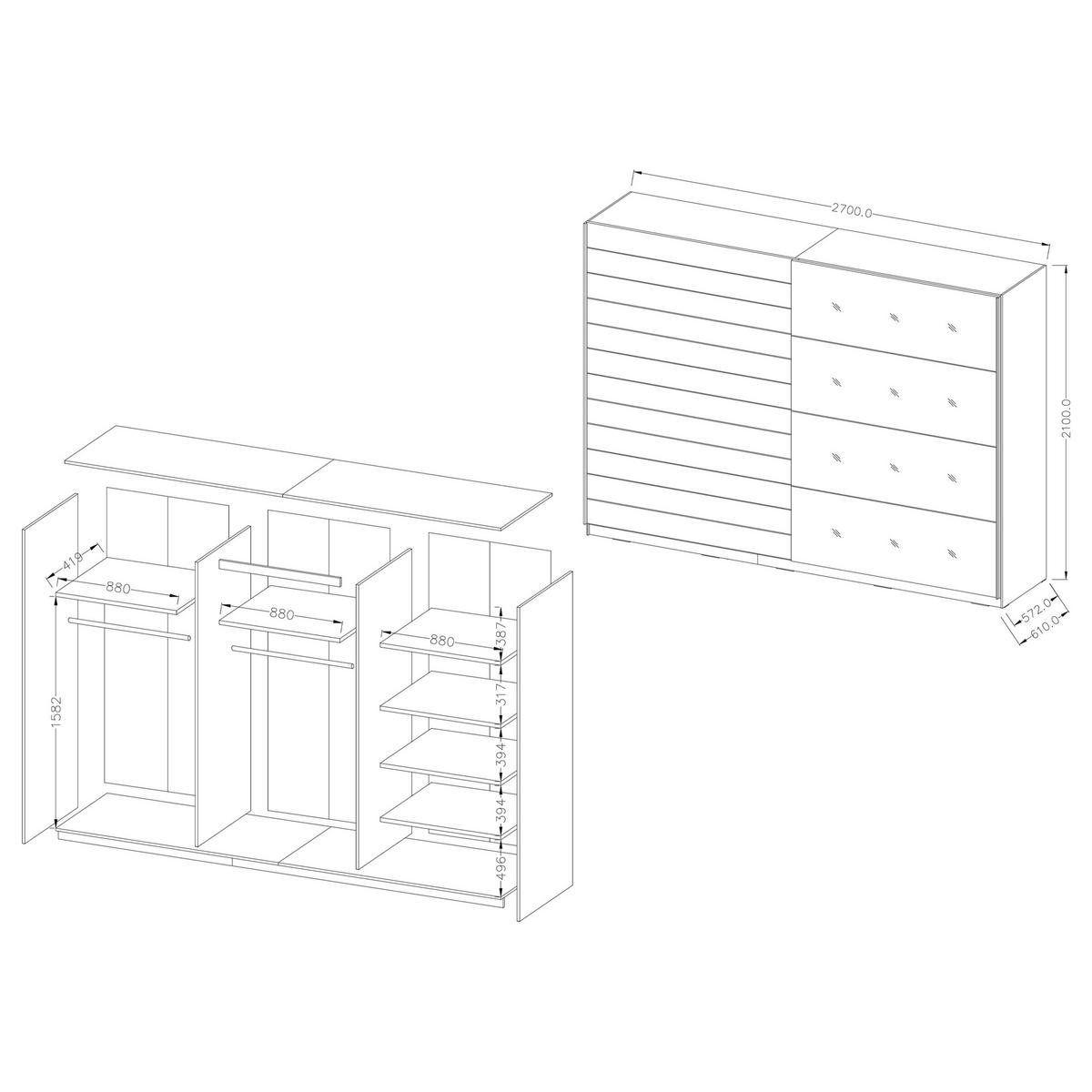 SCHWEBETÜRENSCHRANK COSMICO 270/210/61 cm 2-türig mit Spiegel Hellgrau - Hellgrau, Holzwerkstoff (270/210/61cm) - MASSENO