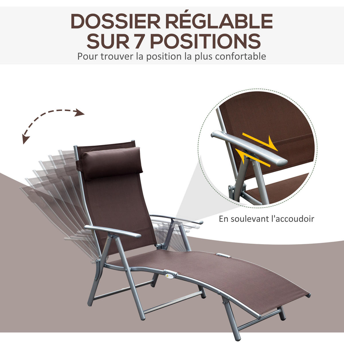 SONNENLIEGE DE-13548 7-fach verstellbar mit Kopfstütze Braun - Braun, Metall (64/100.5/137cm) - ComfortXL