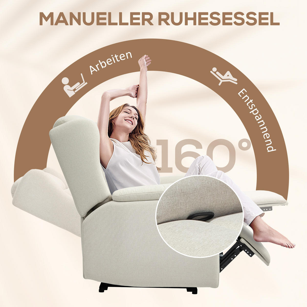 RELAXSESSEL, Fernsehsessel mit Liegefunktion, TV-Sessel mit Taschenfederkern - Beige, Textil/Metall (80/101/94cm) - HOMCOM