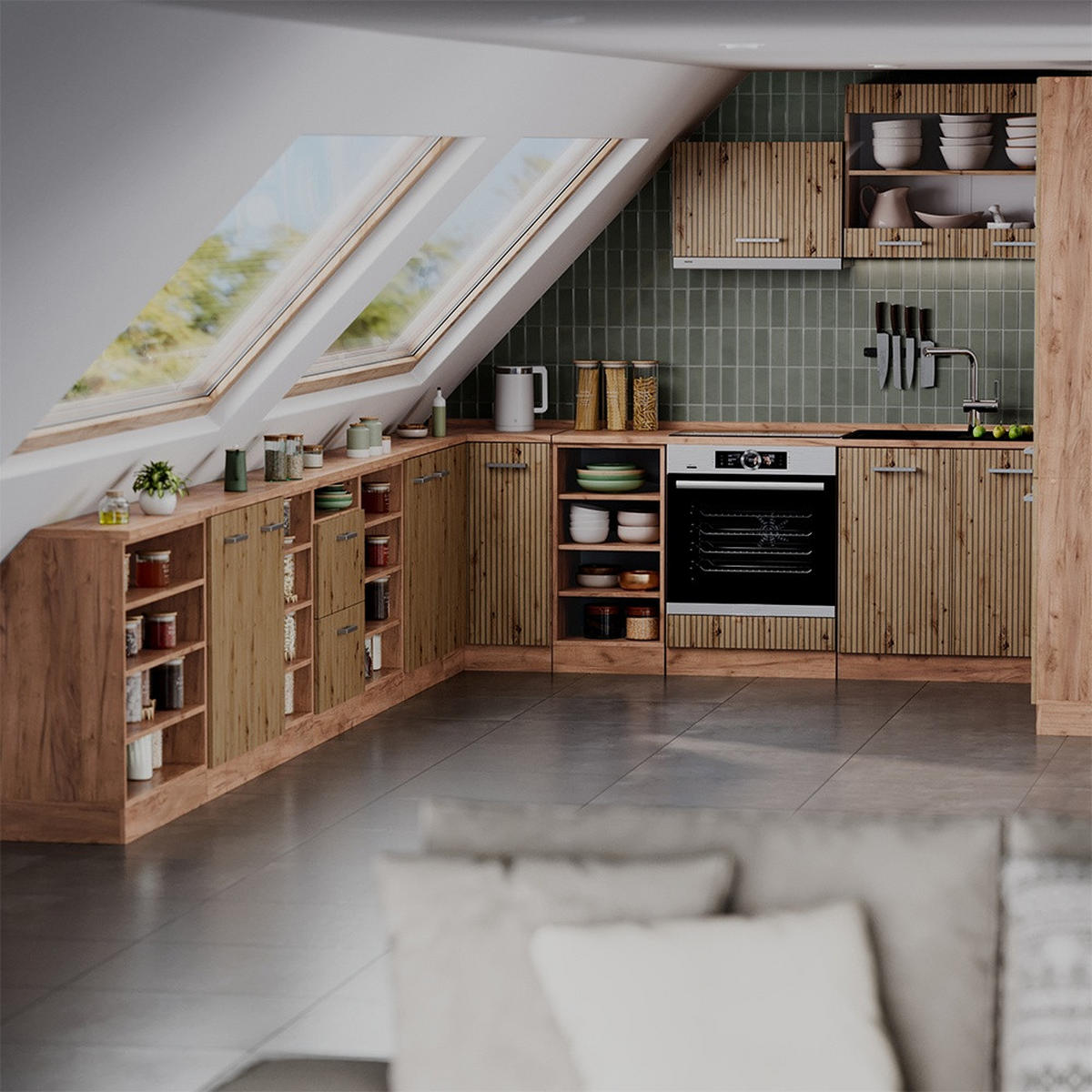 KÜCHENSCHRANK FÜR DACHSCHRÄGEN R-Line Artisan-Eiche 80 cm mit 2 Türen, Schrankkorpus 60 cm Tiefe - Honigeiche/Eiche Artisan, Holzwerkstoff (80/83.8/60cm) - Vicco
