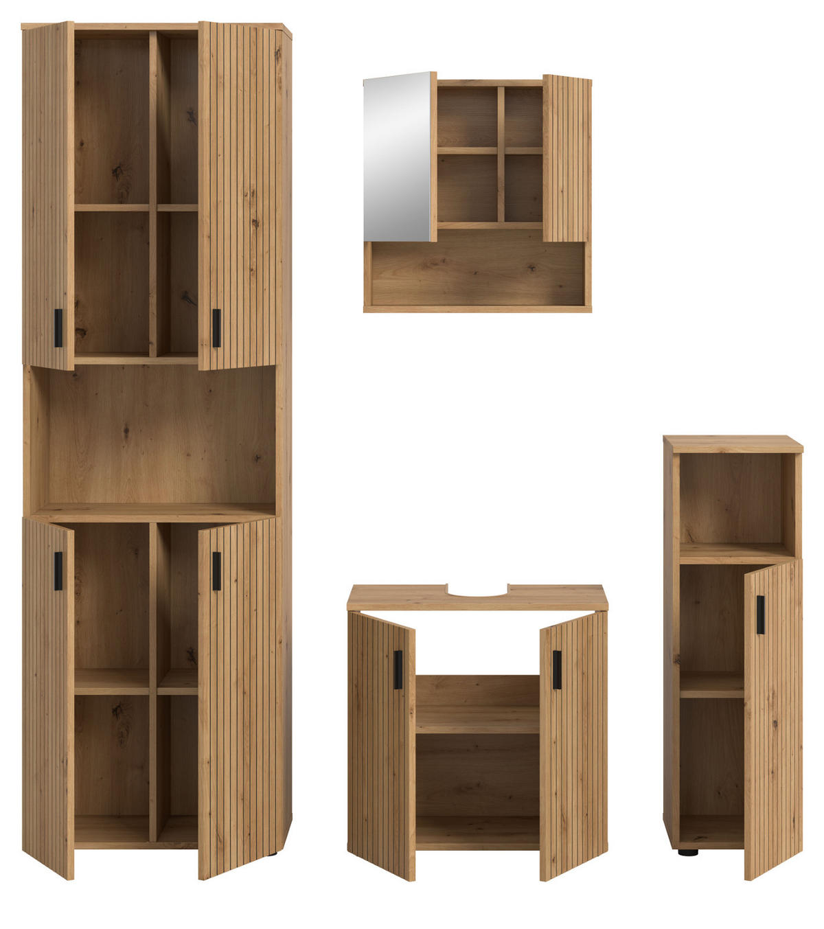 BADMÖBEL-SET Eiche Artisan 4-teilig 180 cm, Badkombination mit viel Stauraum - Schwarz/Eiche Artisan, Glas/Holzwerkstoff (180/192/30cm) - Inn.Furn