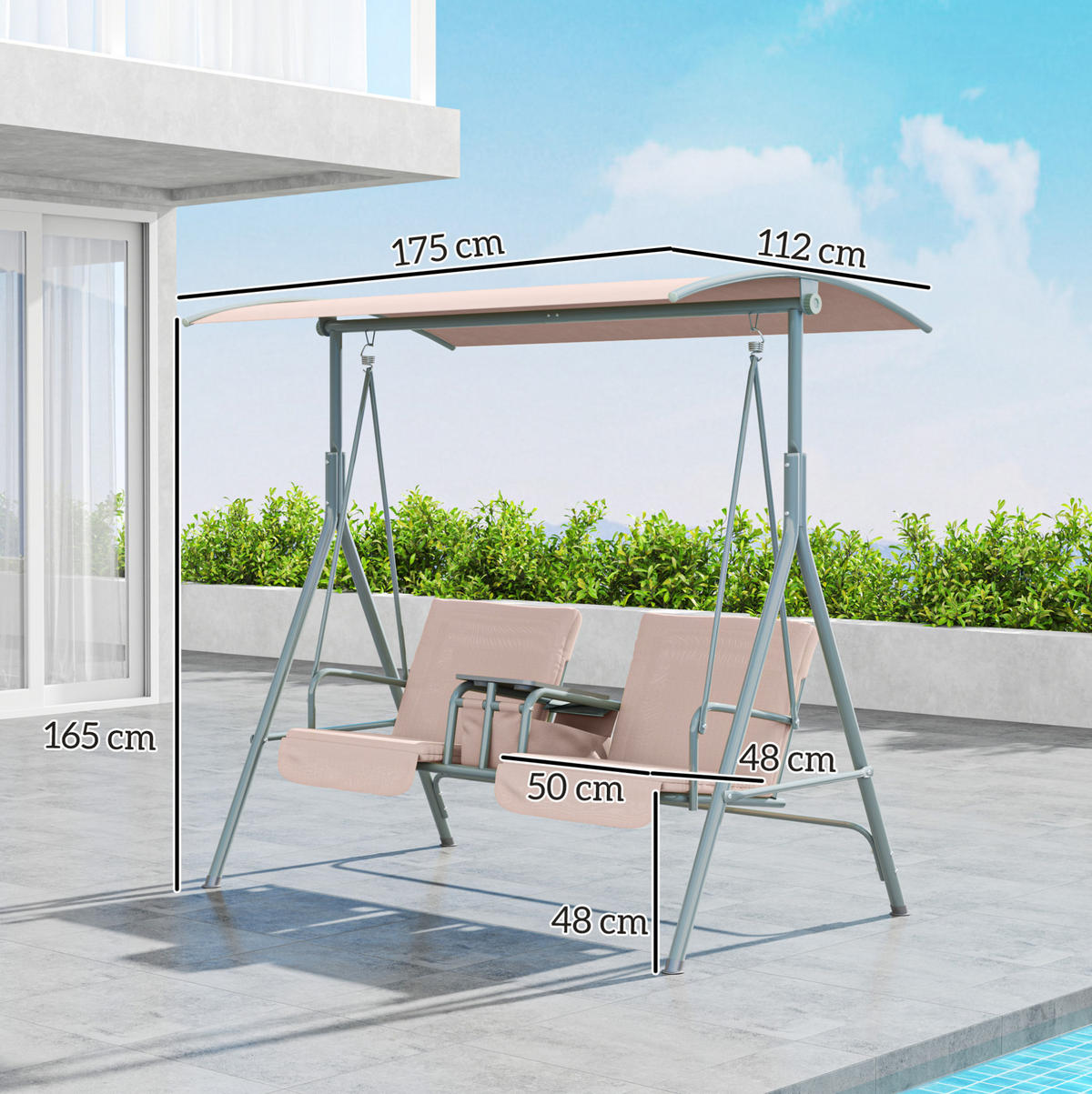 HOLLYWOODSCHAUKEL 175/112/165 cm mit verstellbarem Sonnendach und Becherhaltern, Beige - Beige, Textil (112/165/175cm) - Redom